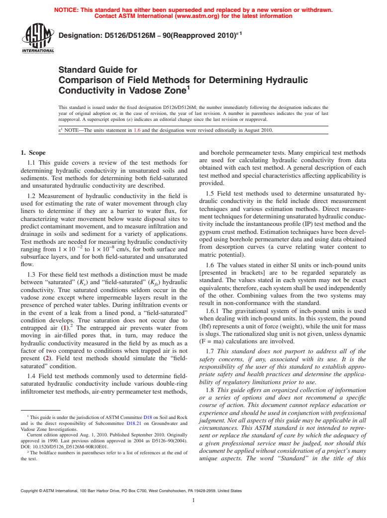 ASTM D5126/D5126M-90(2010)e1 - Standard Guide for Comparison of Field Methods for Determining Hydraulic Conductivity in Vadose Zone