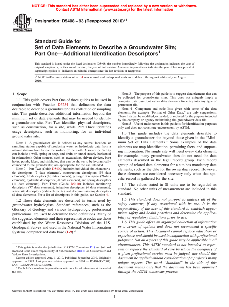 ASTM D5408-93(2010)e1 - Standard Guide for Set of Data Elements to Describe a Groundwater Site;<br>  Part One<char: emdash>Additional Identification Descriptors (Withdrawn 2019)