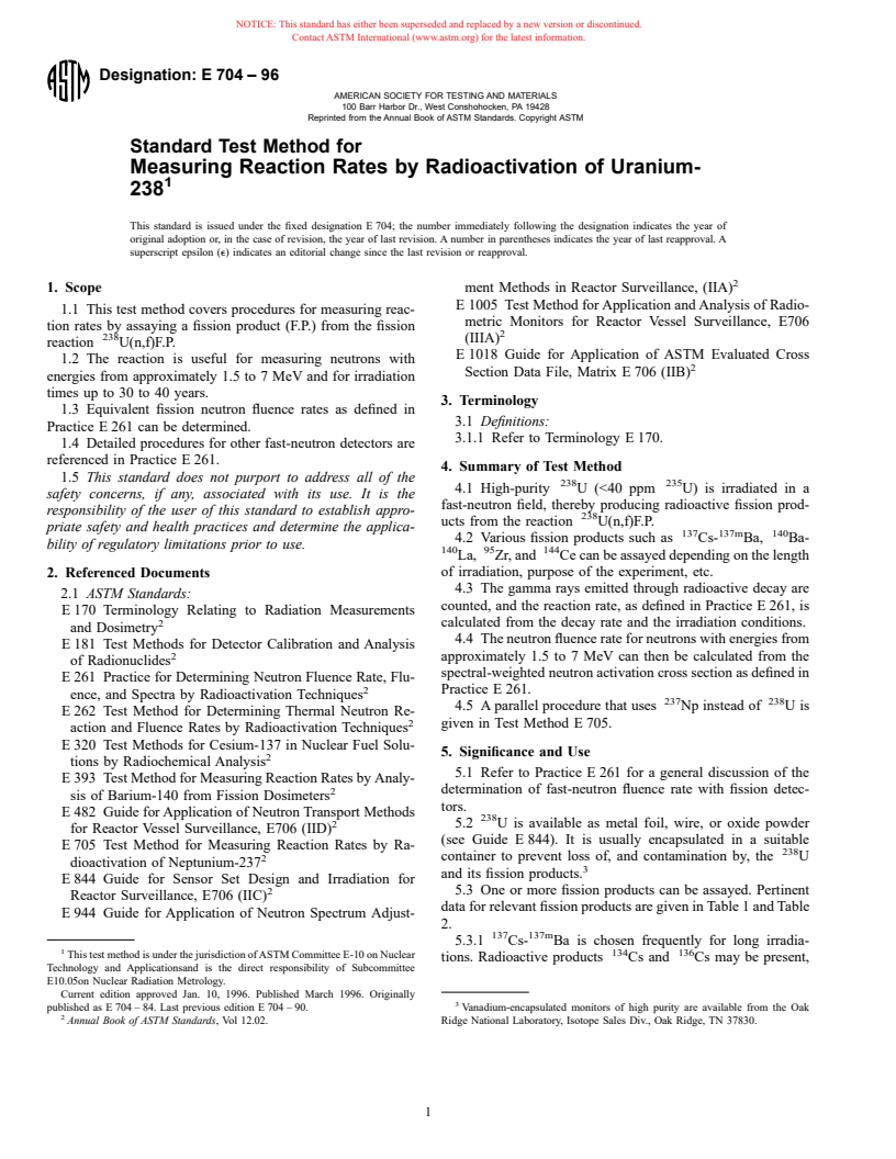 ASTM E704-96 - Standard Test Method for Measuring Reaction Rates by Radioactivation of Uranium-238