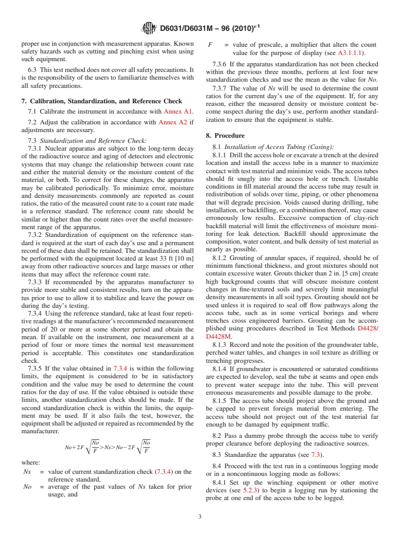 ASTM D6031/D6031M-96(2010)e1 - Standard Test Method for  Logging In Situ Moisture Content and Density of Soil and Rock by the Nuclear Method in Horizontal, Slanted, and Vertical Access Tubes