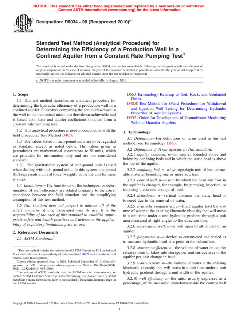 ASTM D6034-96(2010)e1 - Standard Test Method (Analytical Procedure) for  Determining the Efficiency of a Production Well in a Confined Aquifer from a Constant Rate Pumping Test