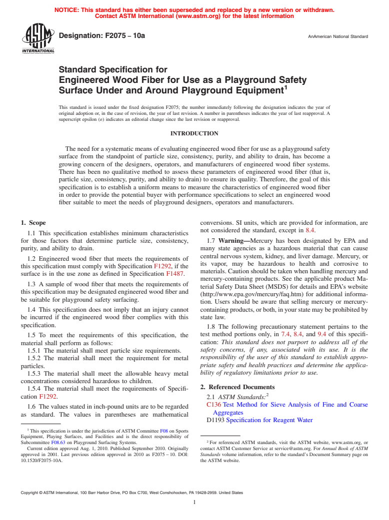 ASTM F2075-10a - Standard Specification for Engineered Wood Fiber for Use as a Playground Safety Surface Under and Around Playground Equipment