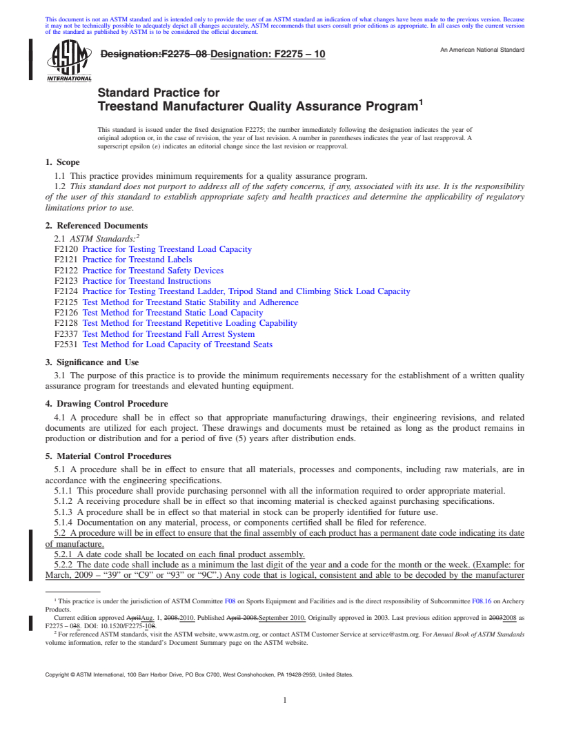 REDLINE ASTM F2275-10 - Standard Practice for Treestand Manufacturer Quality Assurance Program