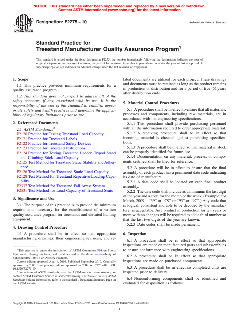 ASTM F2275-10 - Standard Practice for Treestand Manufacturer Quality Assurance Program