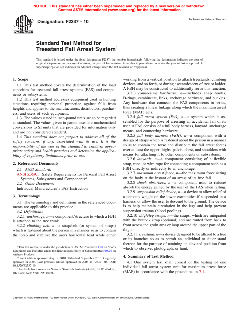ASTM F2337-10 - Standard Test Method for Treestand Fall Arrest System
