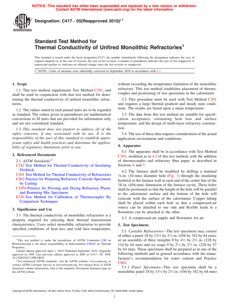 ASTM C417-05(2010)e1 - Standard Test Method for Thermal Conductivity of Unfired Monolithic Refractories