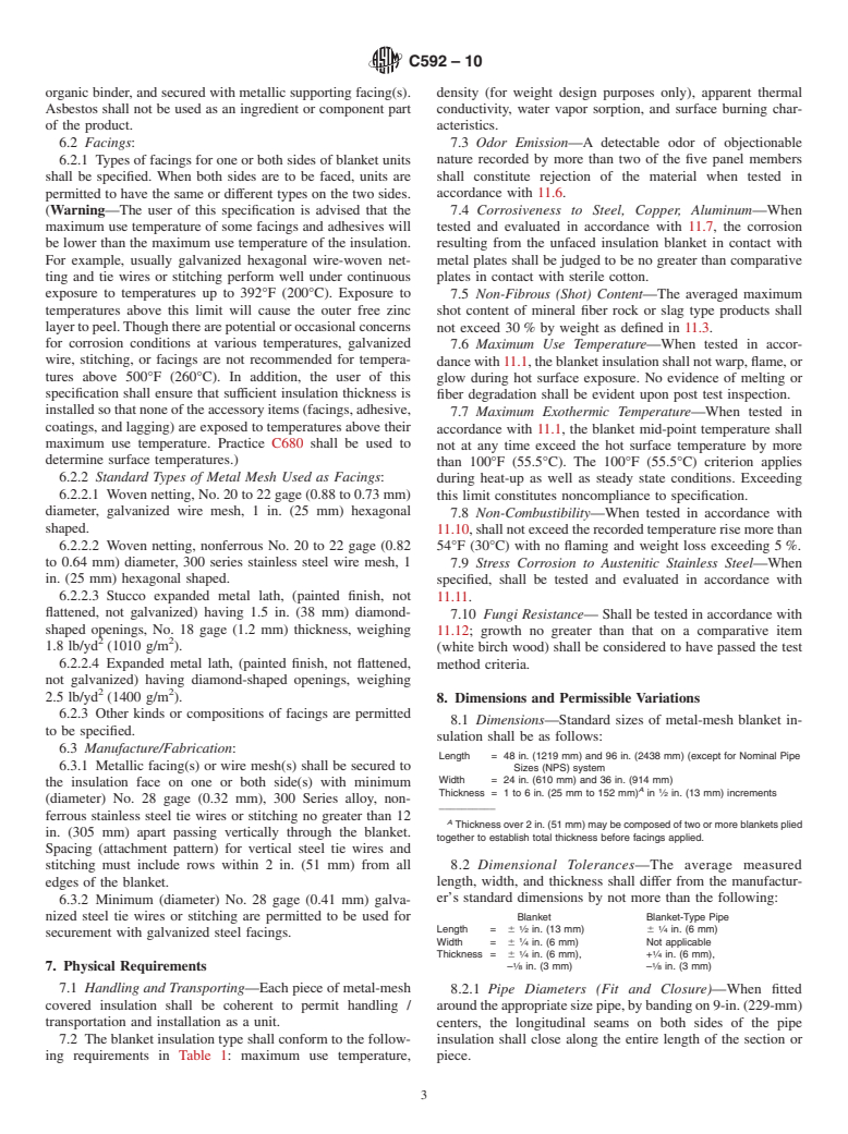 ASTM C592-10 - Standard Specification for Mineral Fiber Blanket Insulation and Blanket-Type Pipe Insulation (Metal-Mesh Covered) (Industrial Type)