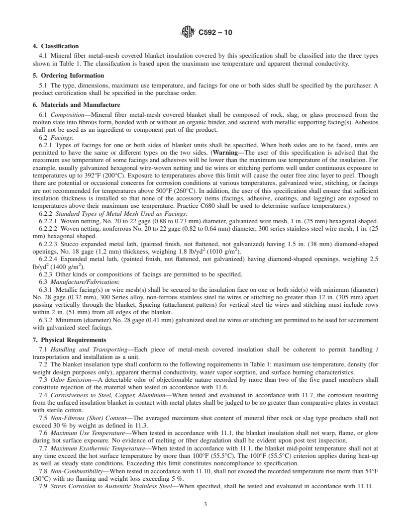 REDLINE ASTM C592-10 - Standard Specification for Mineral Fiber Blanket Insulation and Blanket-Type Pipe Insulation (Metal-Mesh Covered) (Industrial Type)