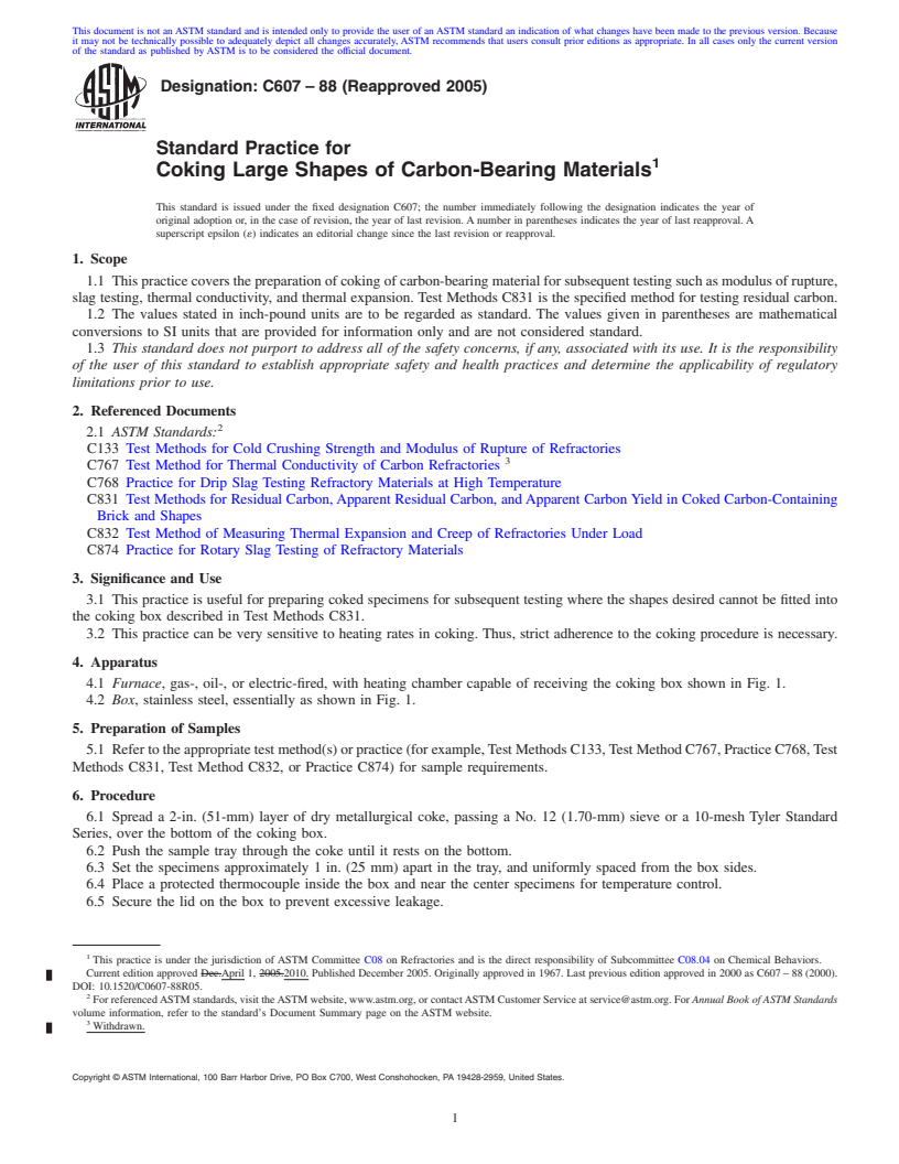 REDLINE ASTM C607-88(2010)e1 - Standard Practice for Coking Large Shapes of Carbon-Bearing Materials