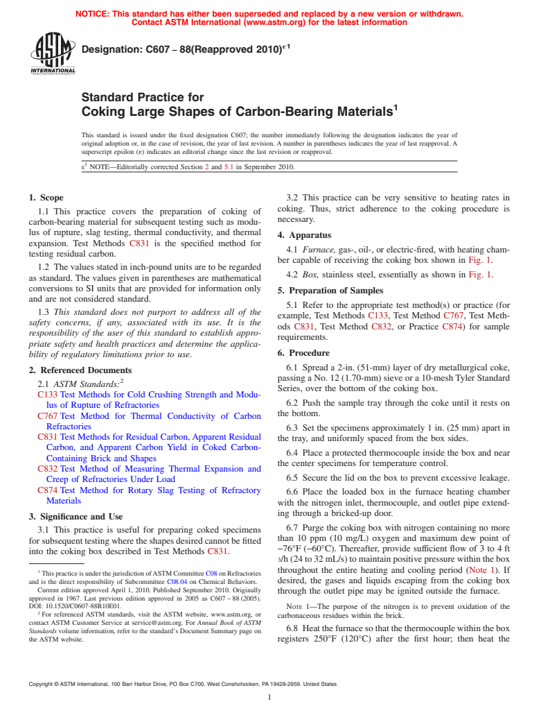 ASTM C607-88(2010)e1 - Standard Practice for Coking Large Shapes of Carbon-Bearing Materials