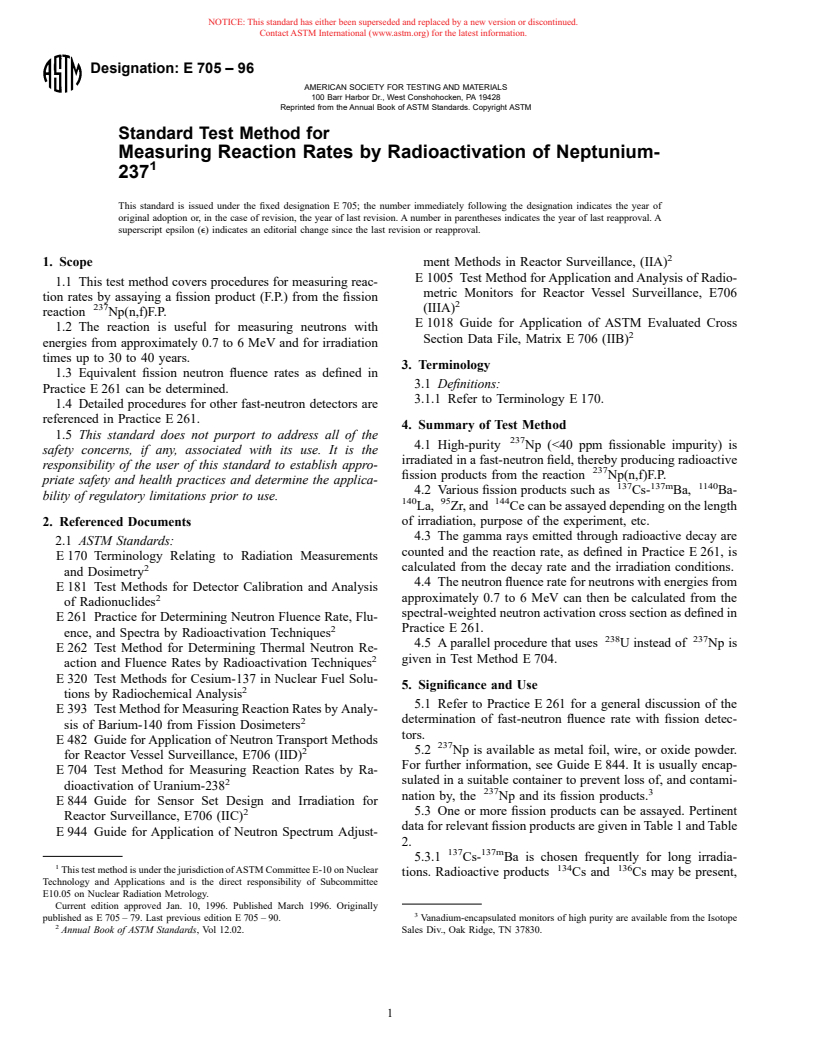 ASTM E705-96 - Standard Test Method for Measuring Reaction Rates by Radioactivation of Neptunium-237