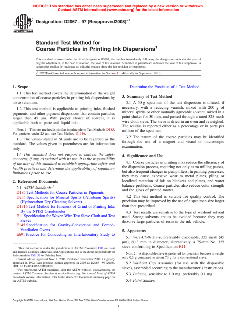 ASTM D2067-97(2008)e1 - Standard Test Method for Coarse Particles in Printing Ink Dispersions