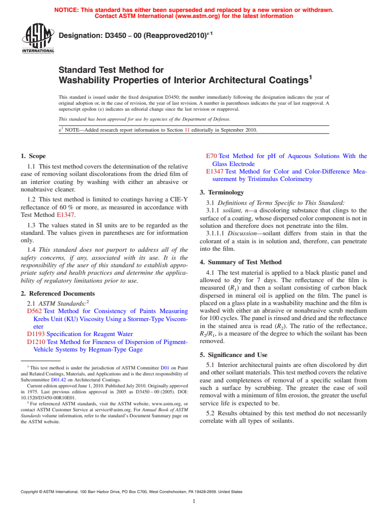 ASTM D3450-00(2010)e1 - Standard Test Method for Washability Properties of Interior Architectural Coatings
