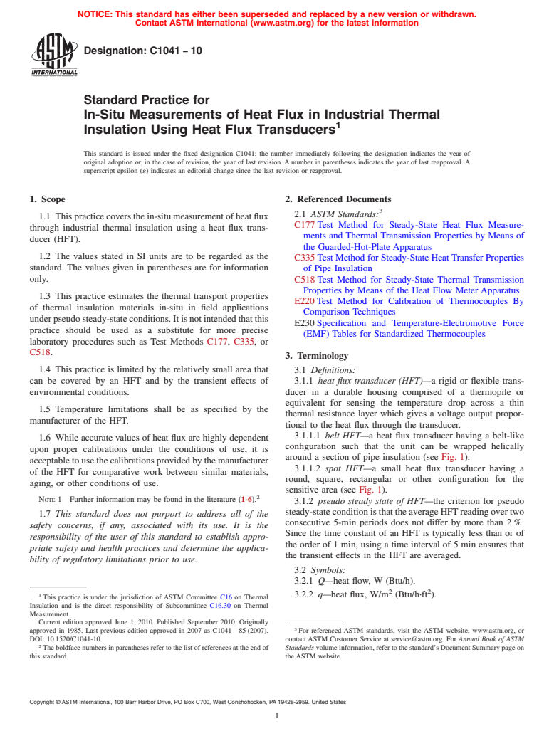 ASTM C1041-10 - Standard Practice for In-Situ Measurements of Heat Flux in Industrial Thermal Insulation Using Heat Flux Transducers (Withdrawn 2019)