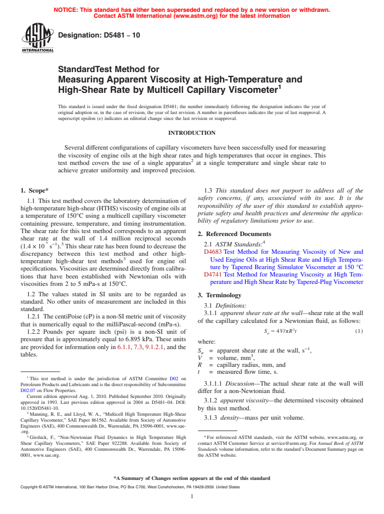 ASTM D5481-10 - Standard Test Method for Measuring Apparent Viscosity at High-Temperature and High-Shear Rate by Multicell Capillary Viscometer