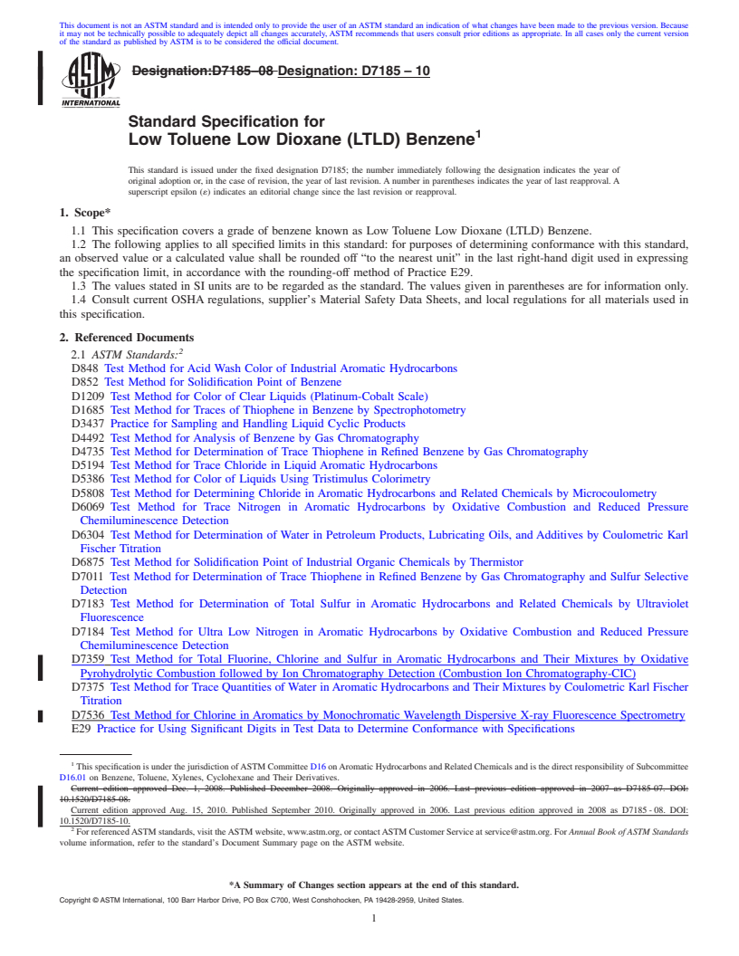 REDLINE ASTM D7185-10 - Standard Specification for Low Toluene Low Dioxane (LTLD) Benzene