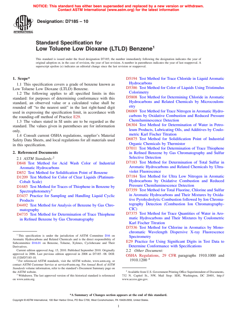 ASTM D7185-10 - Standard Specification for Low Toluene Low Dioxane (LTLD) Benzene