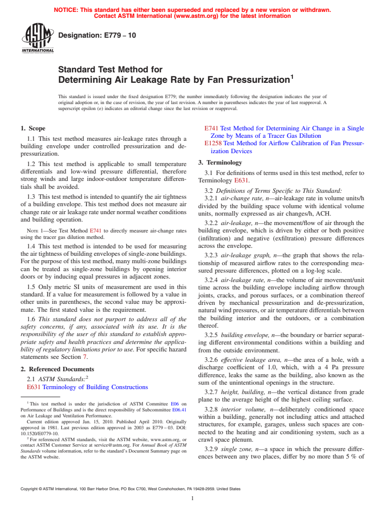 ASTM E779-10 - Standard Test Method for Determining Air Leakage Rate by Fan Pressurization