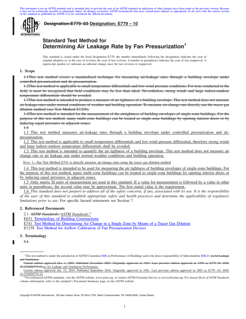 REDLINE ASTM E779-10 - Standard Test Method for Determining Air Leakage Rate by Fan Pressurization