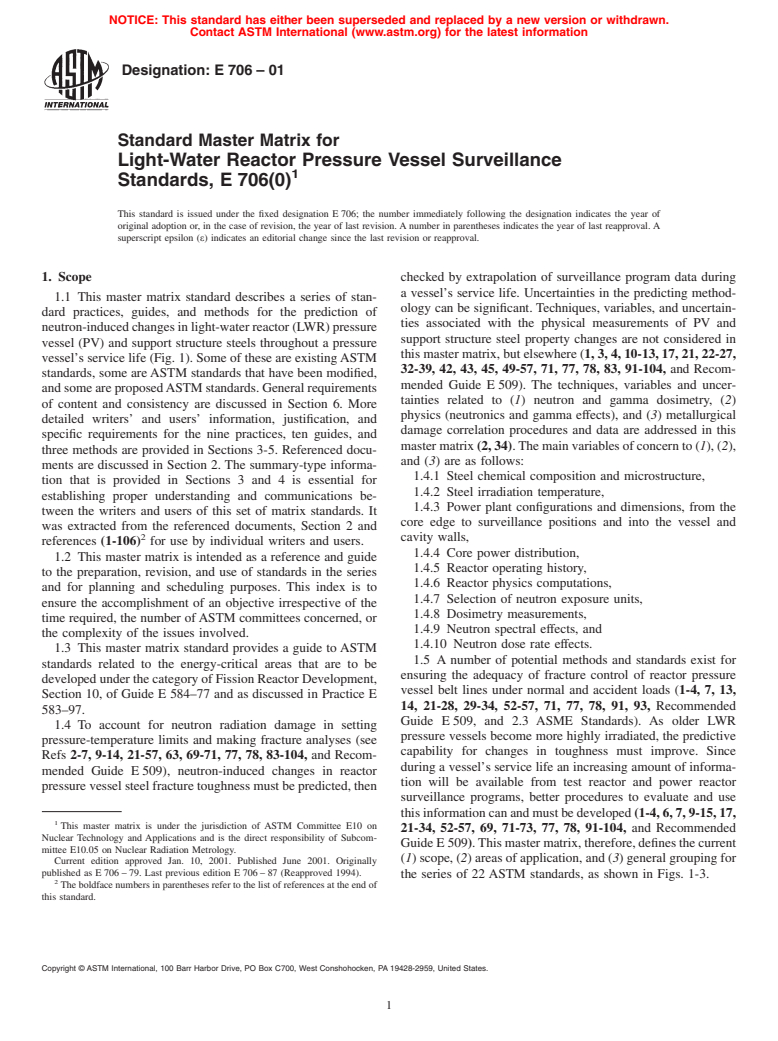 ASTM E706-01 - Standard Master Matrix for Light-Water Reactor Pressure Vessel Surveillance Standards, E706(0)