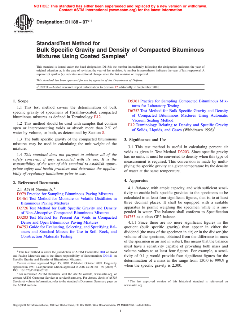 ASTM D1188-07e1 - Standard Test Method for Bulk Specific Gravity and Density of Compacted Bituminous Mixtures Using Coated Samples