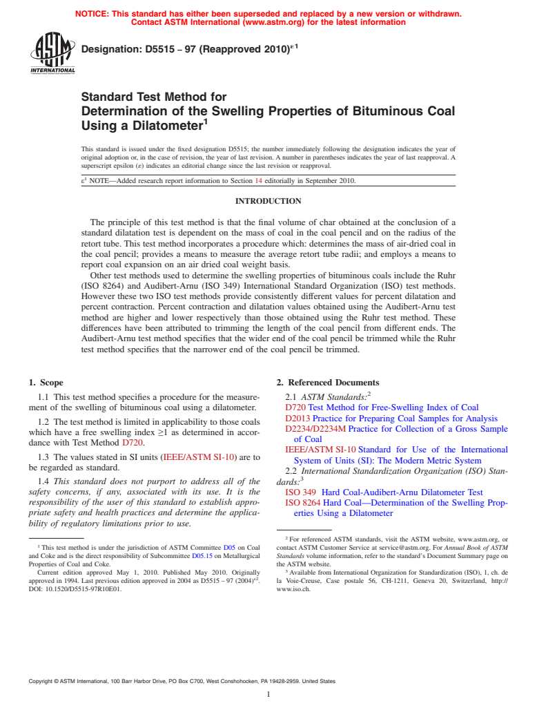 ASTM D5515-97(2010)e1 - Standard Test Method for Determination of the Swelling Properties of Bituminous Coal Using a Dilatometer