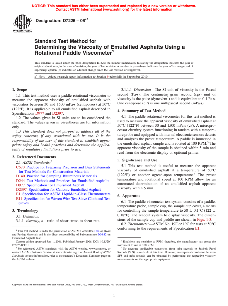 ASTM D7226-06e1 - Standard Test Method for Determining the Viscosity of Emulsified Asphalts Using a Rotational Paddle Viscometer