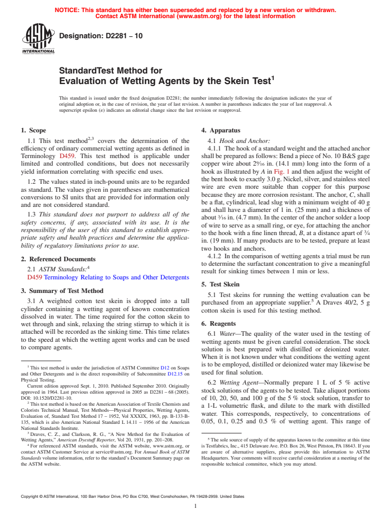 ASTM D2281-10 - Standard Test Method for Evaluation of Wetting Agents by the Skein Test