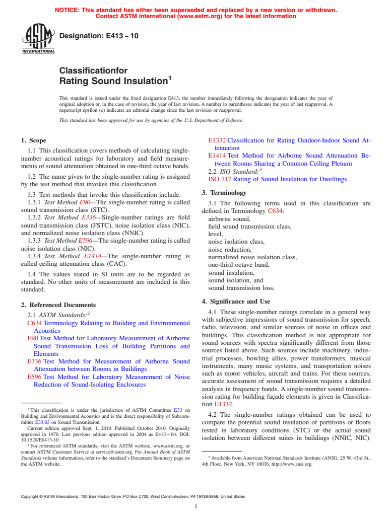 ASTM E413-10 - Classification for  Rating Sound Insulation