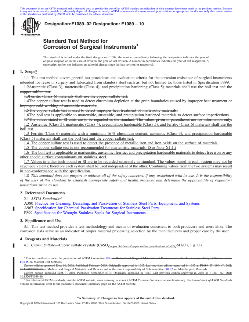 REDLINE ASTM F1089-10 - Standard Test Method for Corrosion of Surgical Instruments