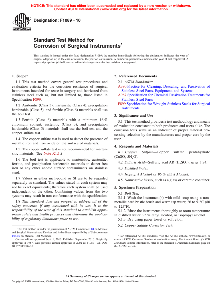 ASTM F1089-10 - Standard Test Method for Corrosion of Surgical Instruments