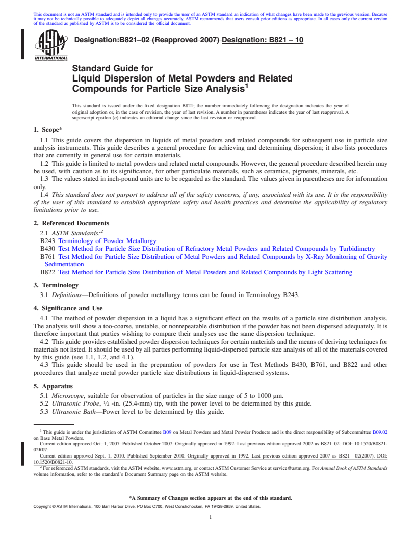 REDLINE ASTM B821-10 - Standard Guide for Liquid Dispersion of Metal Powders and Related Compounds for Particle Size Analysis