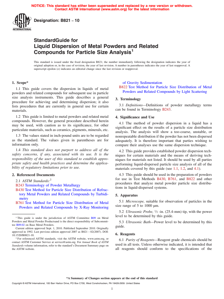 ASTM B821-10 - Standard Guide for Liquid Dispersion of Metal Powders and Related Compounds for Particle Size Analysis