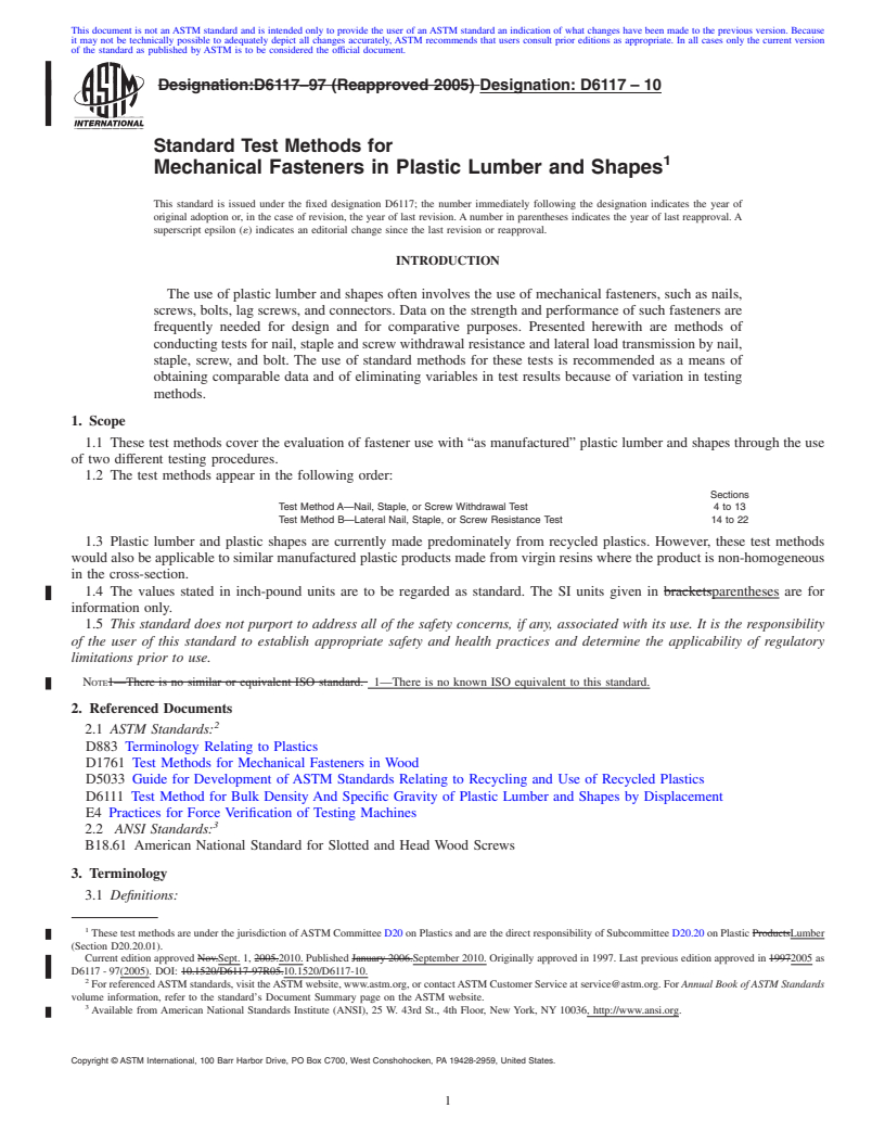 REDLINE ASTM D6117-10 - Standard Test Methods for Mechanical Fasteners In Plastic Lumber and Shapes