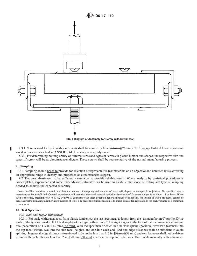 REDLINE ASTM D6117-10 - Standard Test Methods for Mechanical Fasteners In Plastic Lumber and Shapes