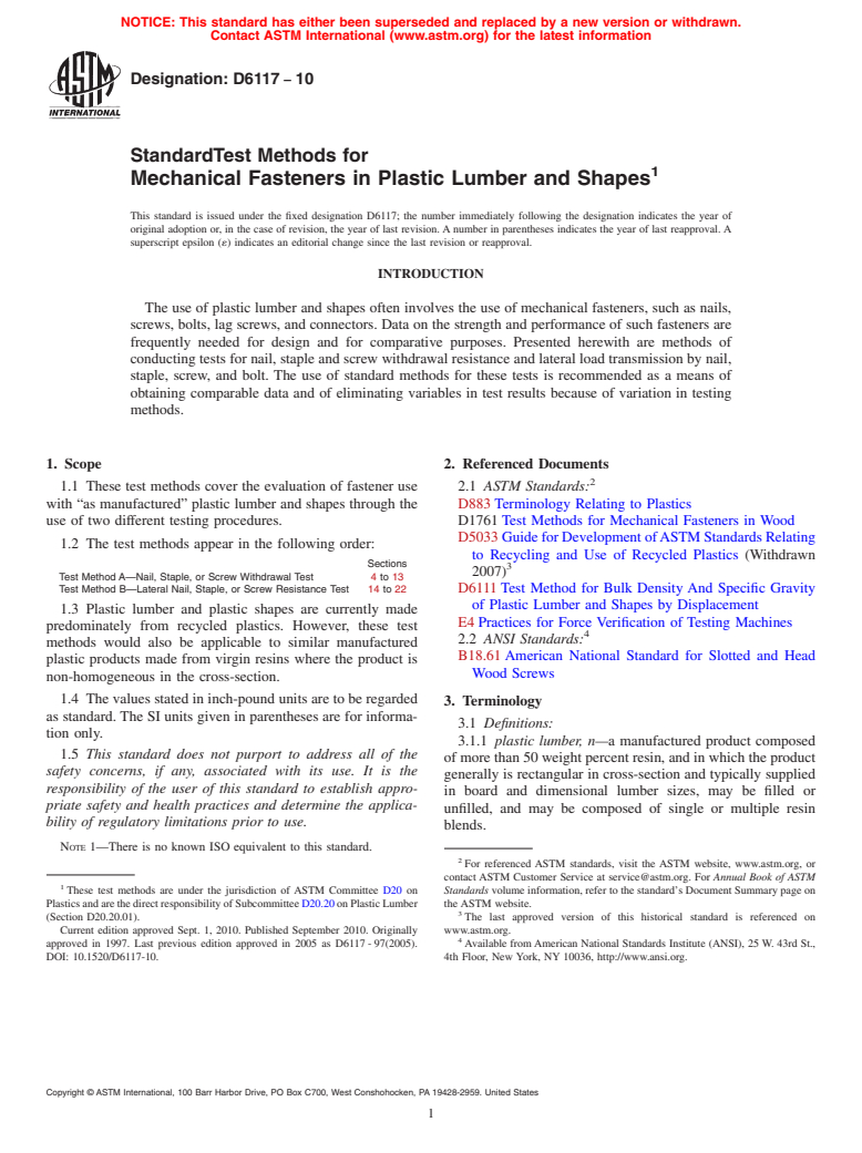 ASTM D6117-10 - Standard Test Methods for Mechanical Fasteners In Plastic Lumber and Shapes