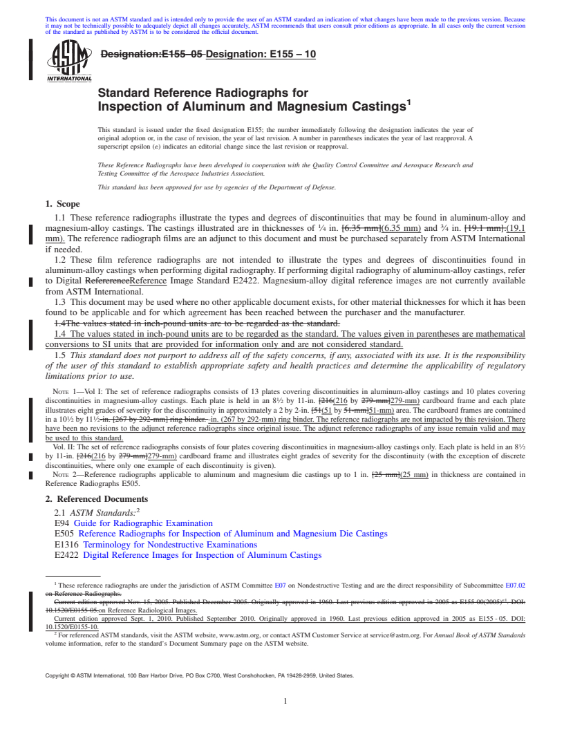 REDLINE ASTM E155-10 - Standard Reference Radiographs for Inspection of Aluminum and Magnesium Castings