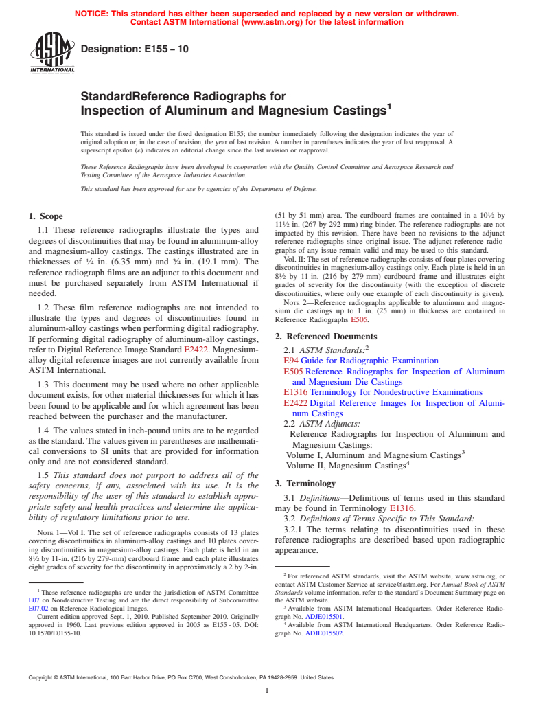 ASTM E155-10 - Standard Reference Radiographs for Inspection of Aluminum and Magnesium Castings