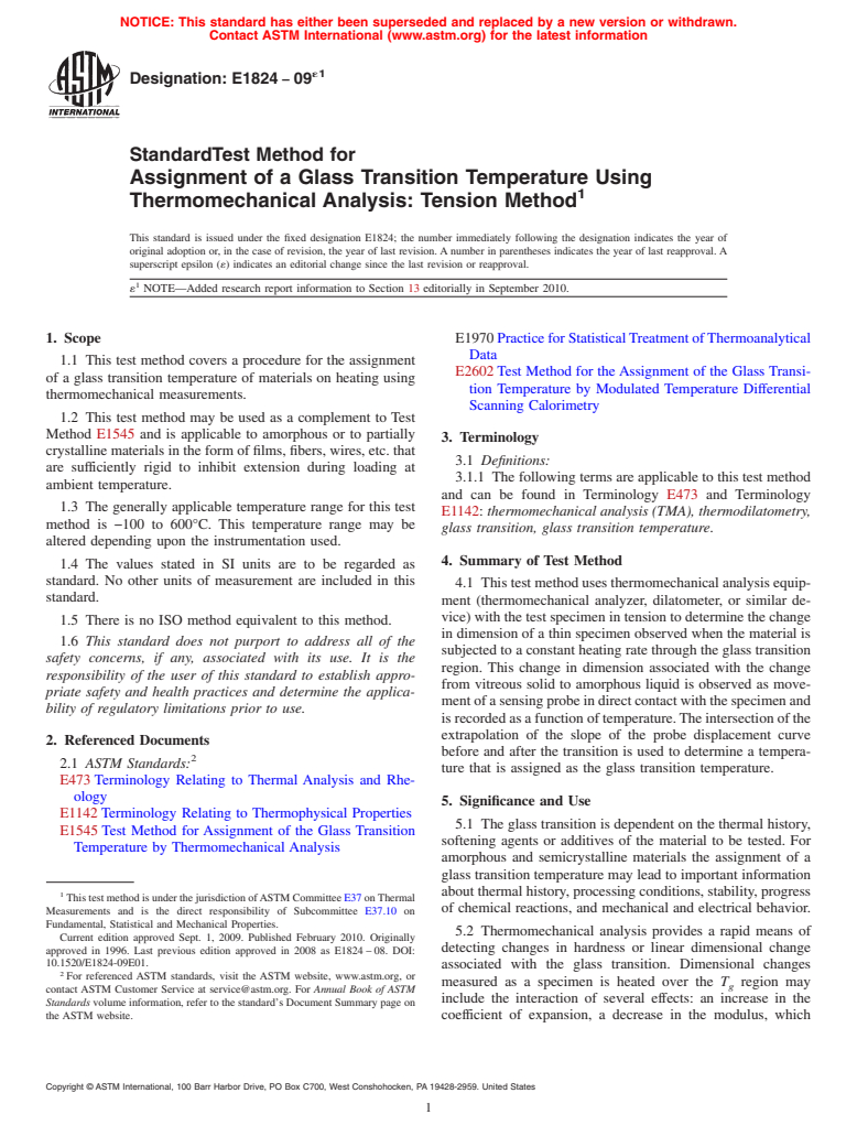 ASTM E1824-09e1 - Standard Test Method for  Assignment of a Glass Transition Temperature Using Thermomechanical Analysis: Tension Method