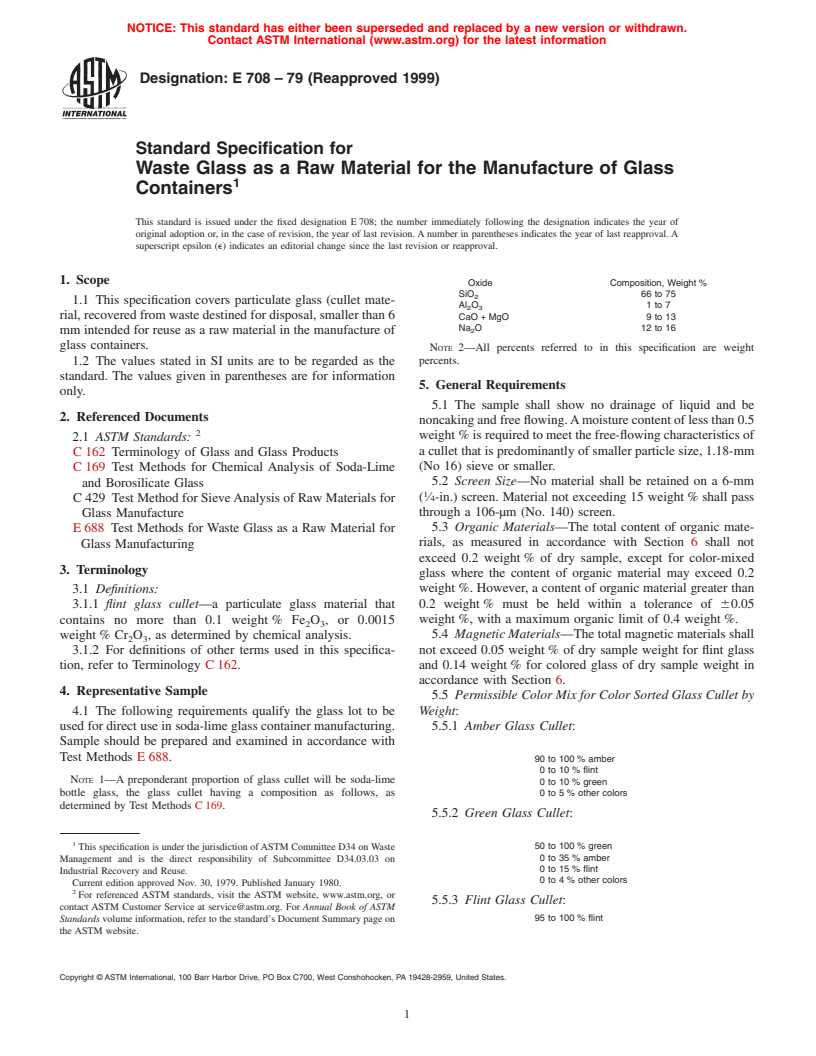 ASTM E708-79(1999) - Standard Specification for Waste Glass as a Raw Material for the Manufacture of Glass Containers