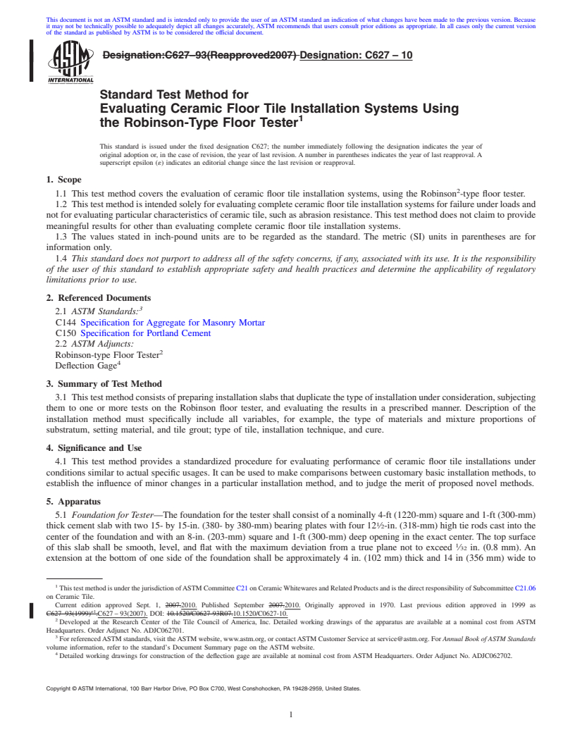 REDLINE ASTM C627-10 - Standard Test Method for Evaluating Ceramic Floor Tile Installation Systems Using the Robinson-Type Floor Tester