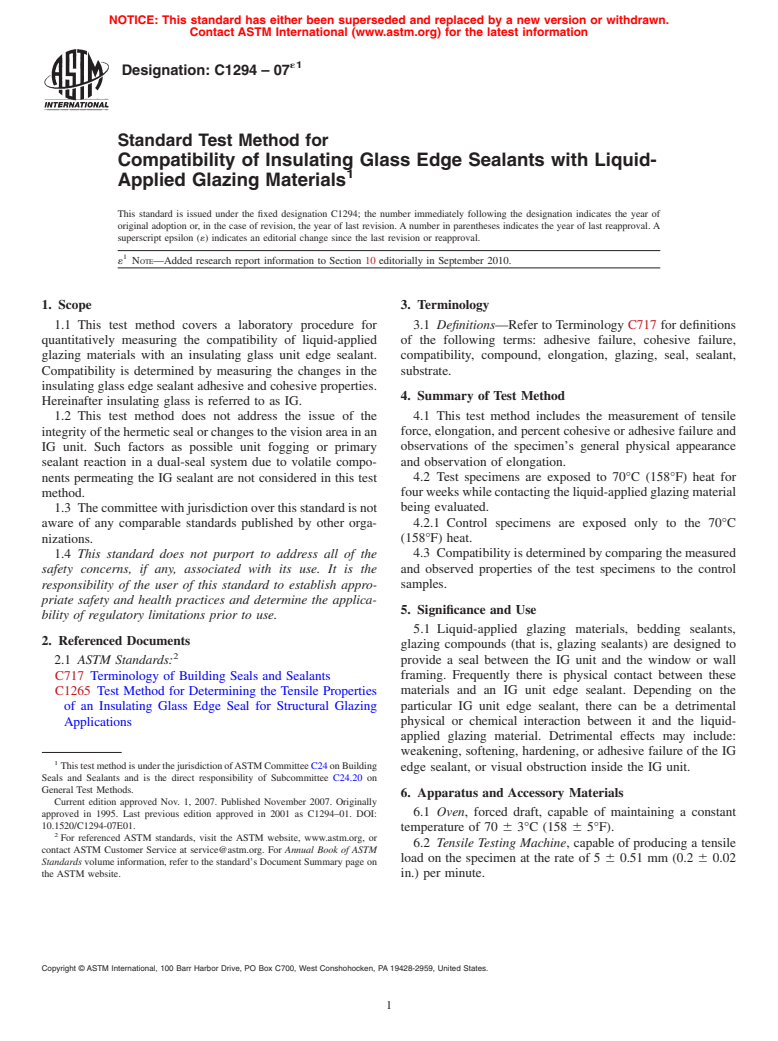 ASTM C1294-07e1 - Standard Test Method for Compatibility of Insulating Glass Edge Sealants with Liquid-Applied Glazing Materials