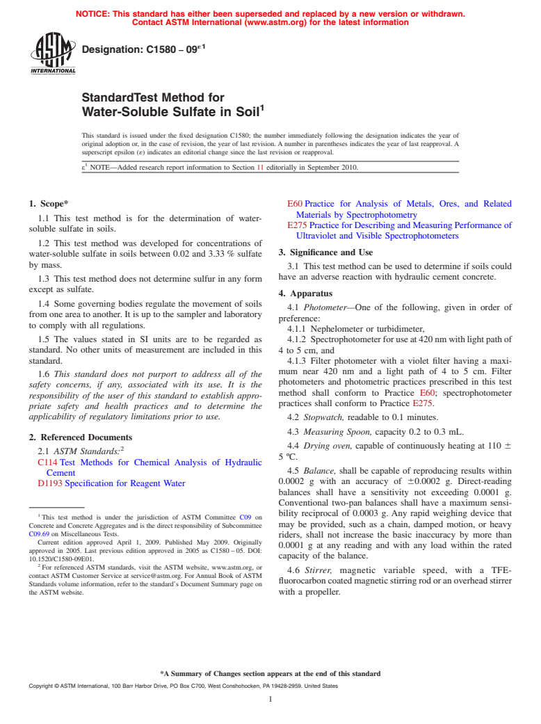 ASTM C1580-09e1 - Standard Test Method for Water-Soluble Sulfate in Soil