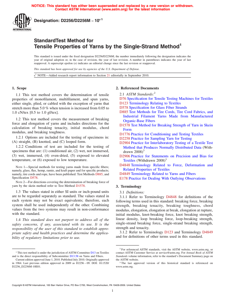 ASTM D2256/D2256M-10e1 - Standard Test Method for Tensile Properties of Yarns by the Single-Strand Method