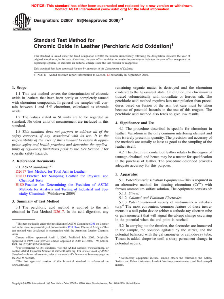 ASTM D2807-93(2009)e1 - Standard Test Method for Chromic Oxide in Leather (Perchloric Acid Oxidation)