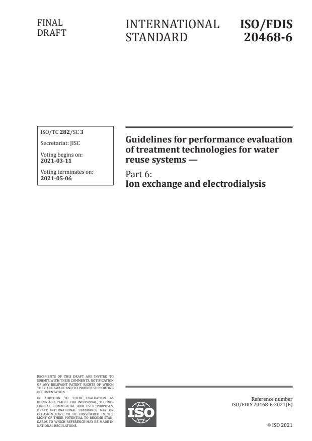 ISO/FDIS 20468-6:Version 06-mar-2021 - Guidelines for performance evaluation of treatment technologies for water reuse systems