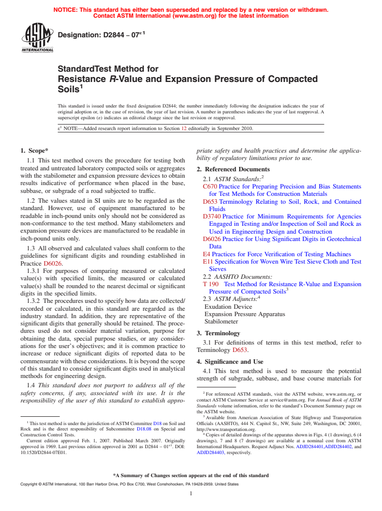 ASTM D2844-07e1 - Standard Test Method for Resistance <i>R</i>-Value and Expansion Pressure of Compacted Soils