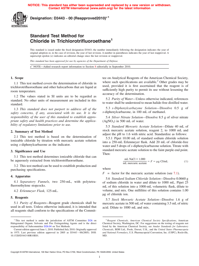 ASTM D3443-00(2010)e1 - Standard Test Method for Chloride in Trichlorotrifluoroethane