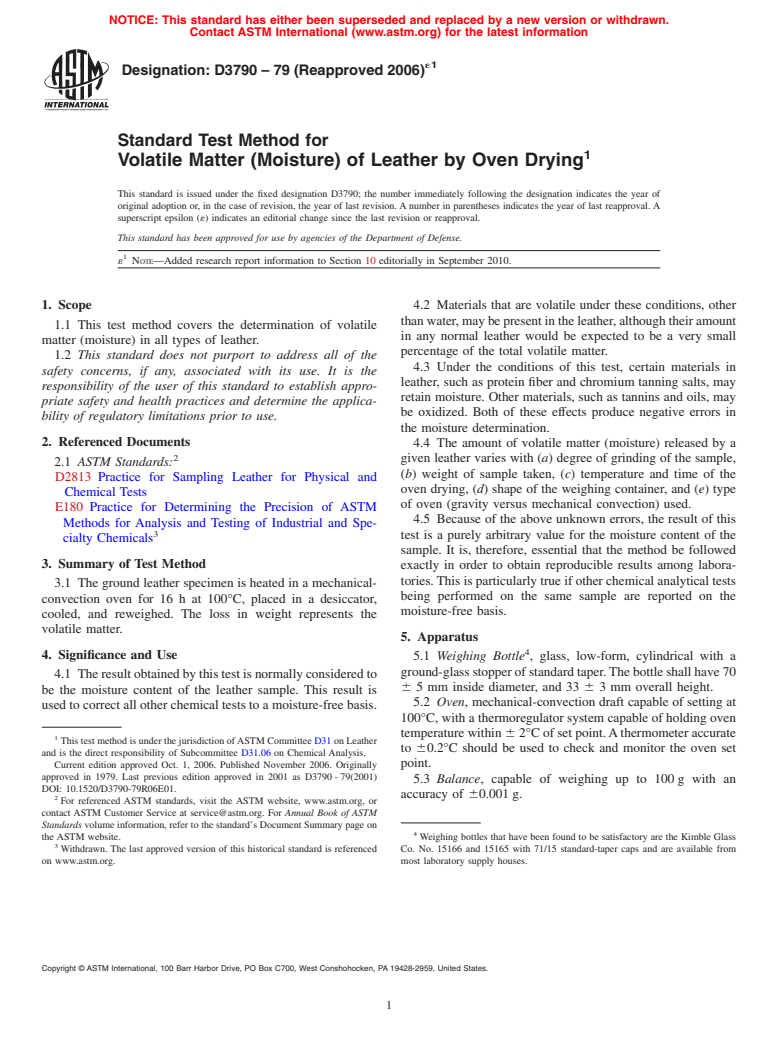 ASTM D3790-79(2006)e1 - Standard Test Method for Volatile Matter (Moisture) of Leather by Oven Drying