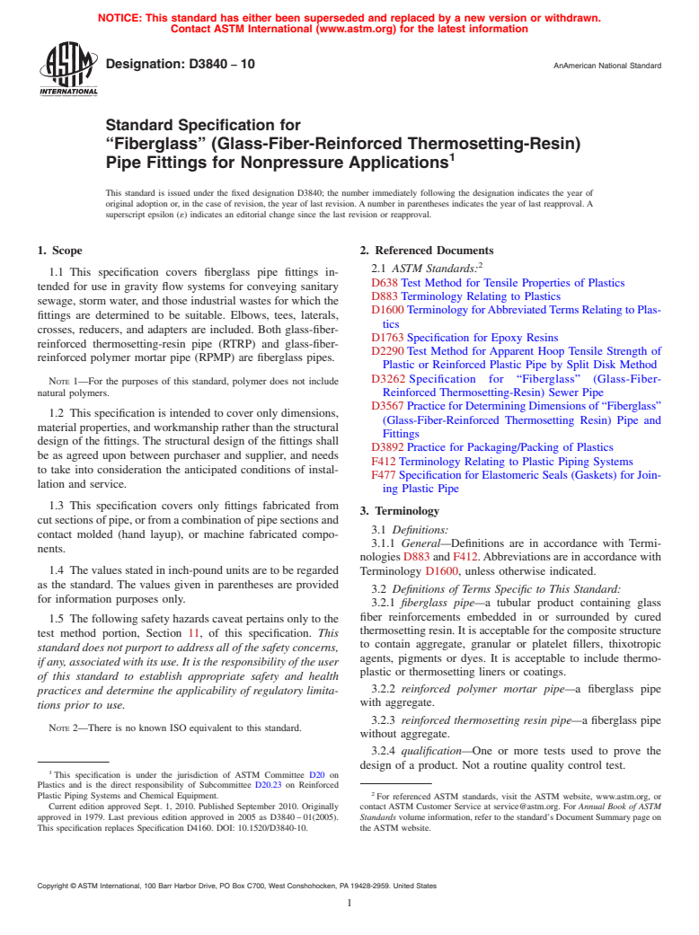 ASTM D3840-10 - Standard Specification for "Fiberglass" (Glass-Fiber-Reinforced Thermosetting-Resin) Pipe Fittings for Nonpressure Applications